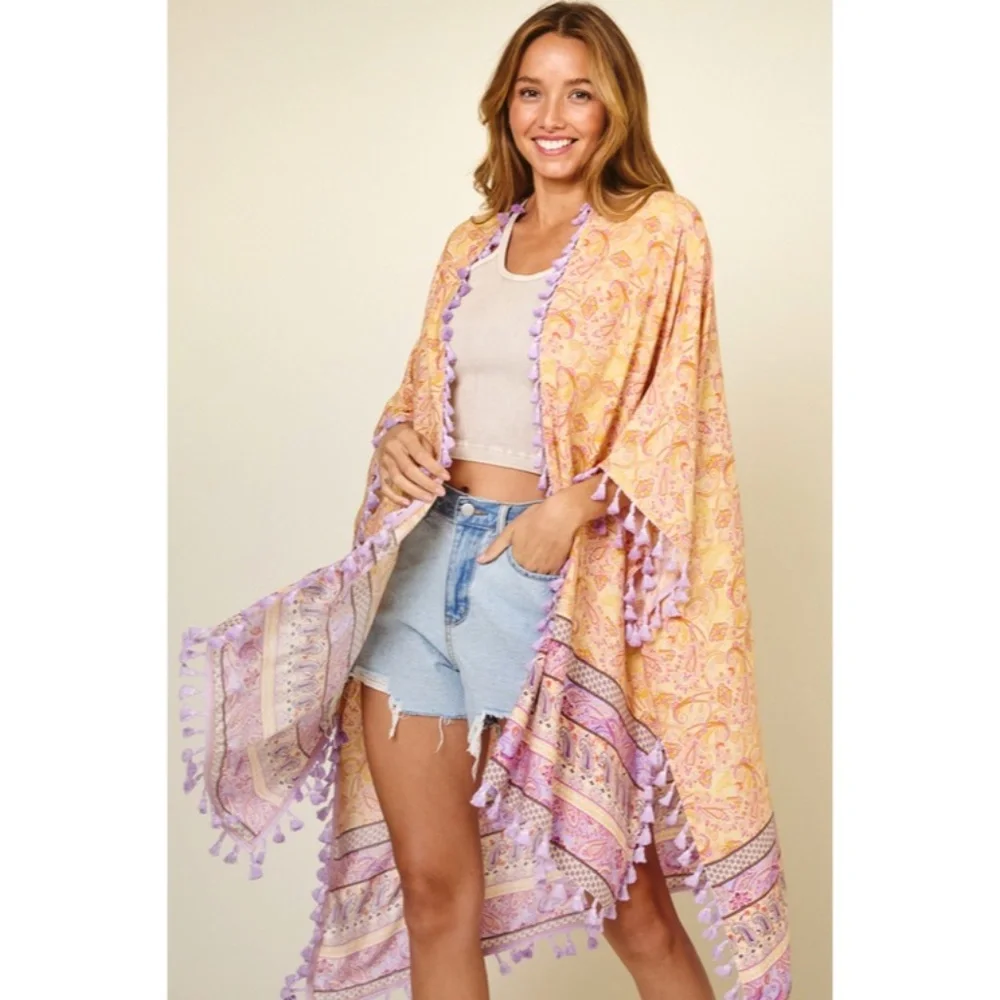 Lavender Paisley Printed Kimono Bohemian Cardigan w/ Tassels Fringe - Picture 1 of 6